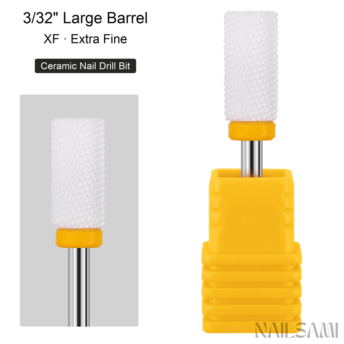 White large barrel ceramic nail drill bit, extra fine cut with yellow ring and 3/32-inch shank