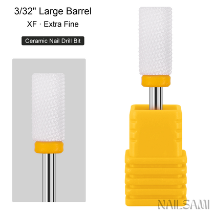 White large barrel ceramic nail drill bit, extra fine cut with yellow ring and 3/32-inch shank
