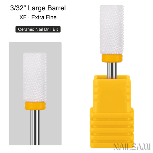 White large barrel ceramic nail drill bit, extra fine cut with yellow ring and 3/32-inch shank