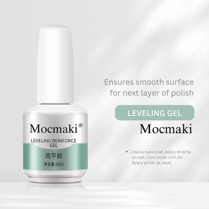 Close-up of a bottle of Levelling Gel by Mocmaki, designed to create a smooth nail polish application, a must-have for comprehensive nail care.