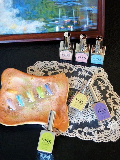 YISS Monet's Garden gel polish swatches on nail tips — soft Impressionist colours