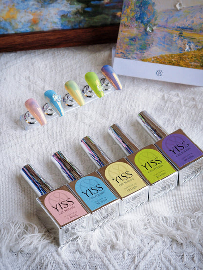 YISS Monet's Garden 6-colour gel polish bottles and painted nail swatches