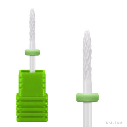 White small flame ceramic nail drill bit, coarse cut with green ring and 3/32-inch shank