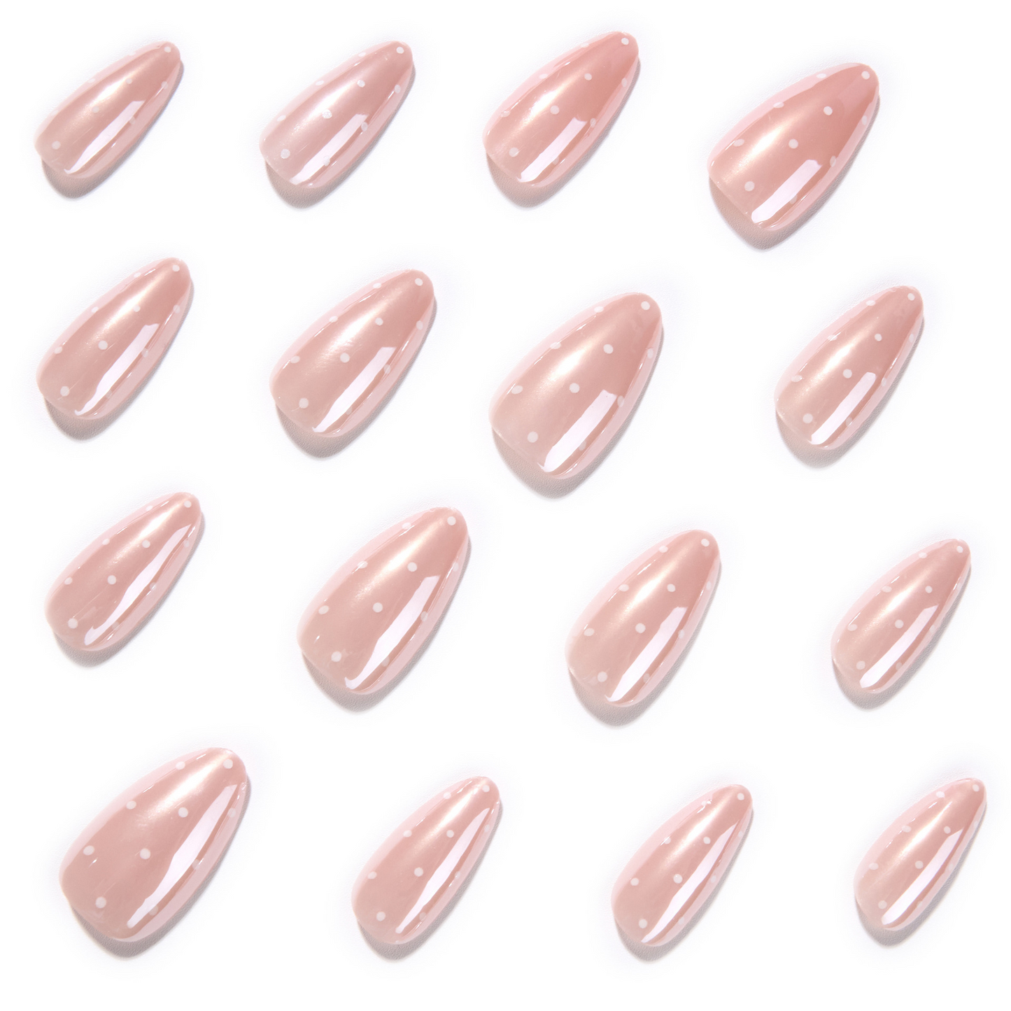 Close-up of glossy blush pink almond nail tips with white dot details