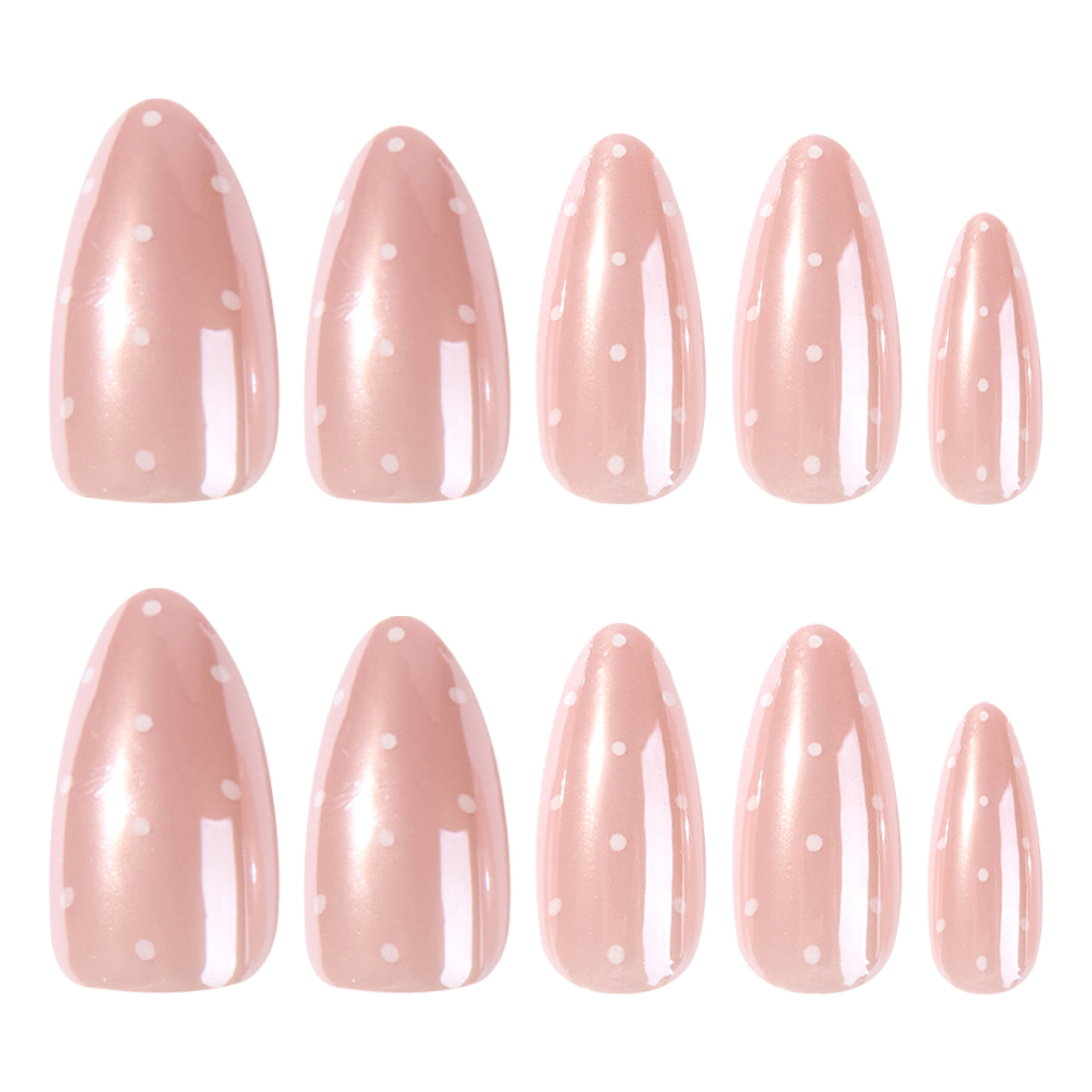 Front view of the JP4373 short almond pink polka dot press-on nail design
