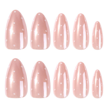 Front view of the JP4373 short almond pink polka dot press-on nail design