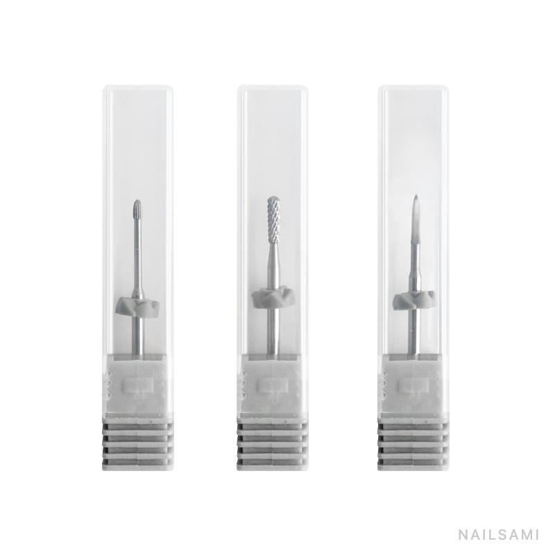 Three precision tungsten carbide nail drill bits in protective cases