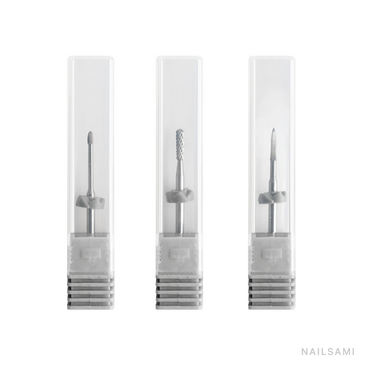 Three precision tungsten carbide nail drill bits in protective cases