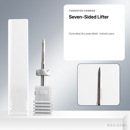 Seven-sided tungsten carbide nail drill bit for controlled dry-prep detail