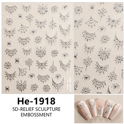 Redanco HE-1918 silver foil embossed spider and spider web nail stickers