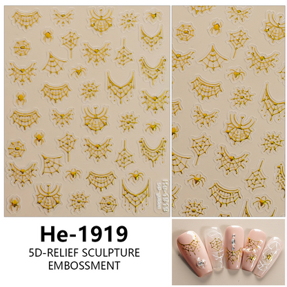 Redanco HE-1919 gold foil embossed spider and spider web nail stickers