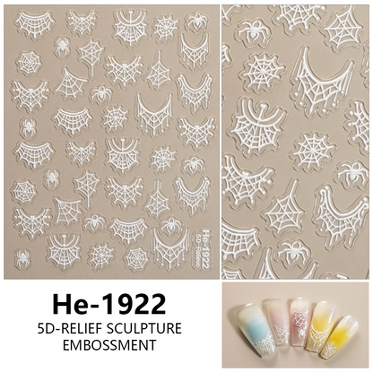 Redanco HE-1922 solid white embossed spider and spider web nail stickers