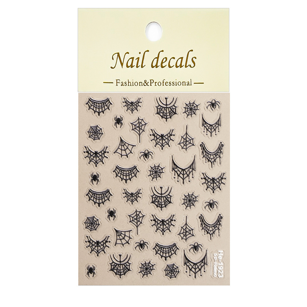 Packaged Redanco HE-1923 black embossed spider and spider web nail sticker sheet