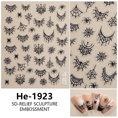 Redanco HE-1923 solid black embossed spider and spider web nail stickers