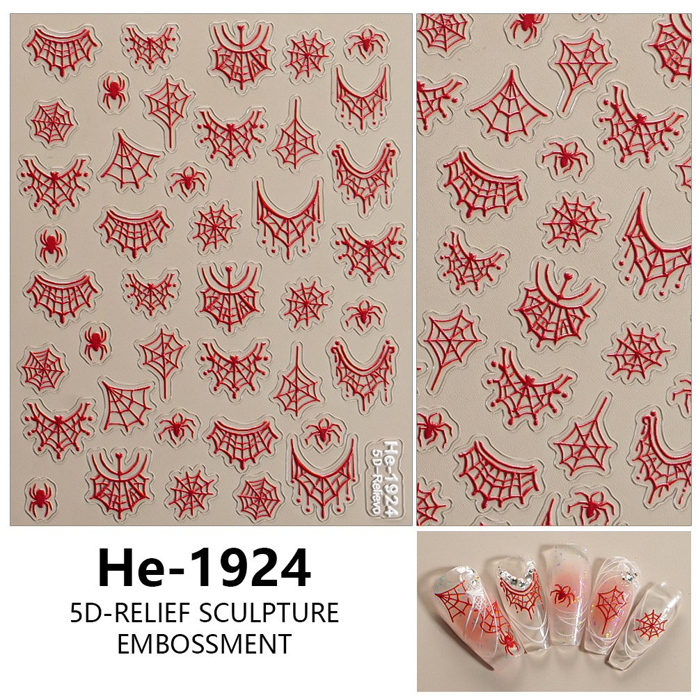 Redanco HE-1924 bright red embossed spider and spider web nail stickers