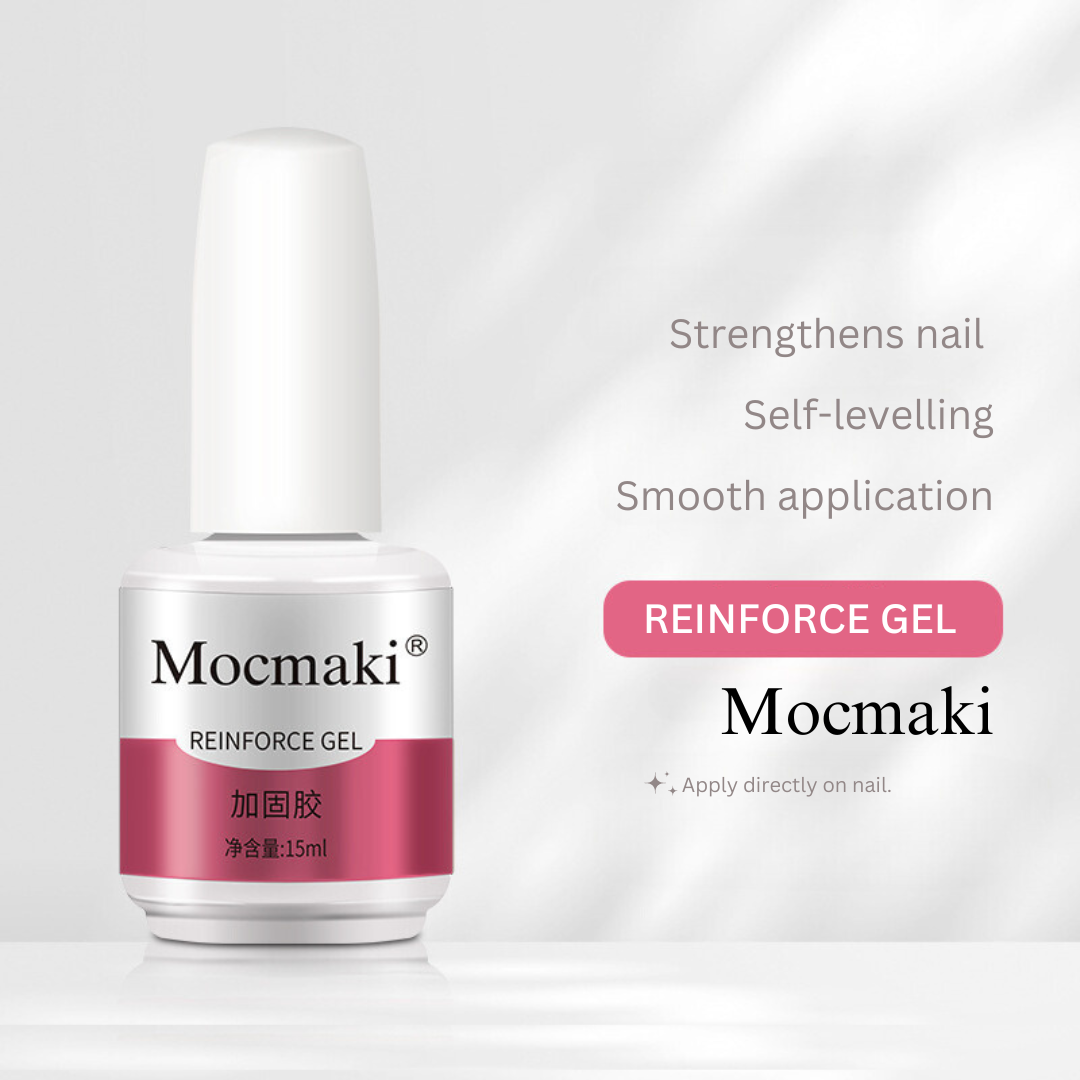 Pink bottle of Mocmaki's Reinforce Gel, formulated to strengthen nails and enhance polish durability, a critical element in nail care kits.