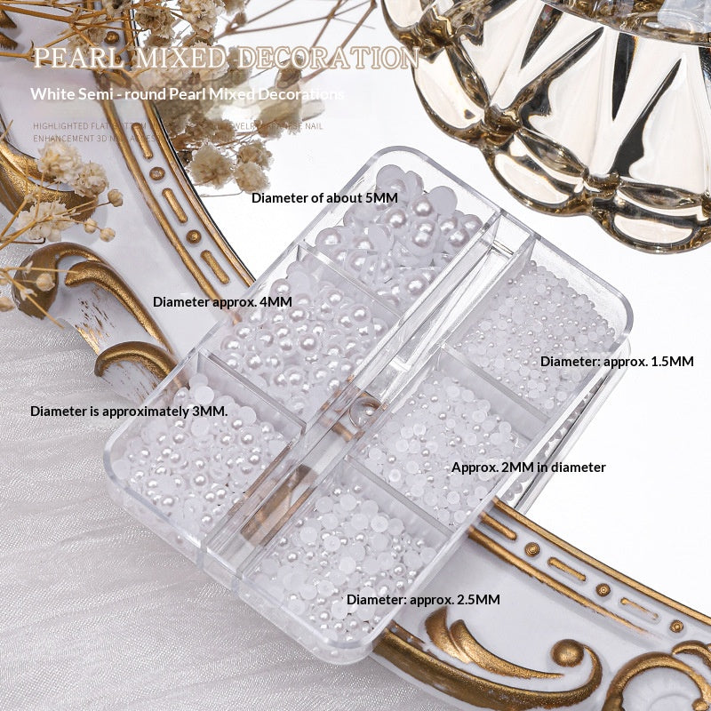White flat-back resin pearl mix in a six-compartment box with size labels