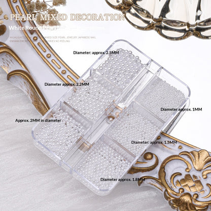 White round resin pearl mix in a six-compartment box with size labels