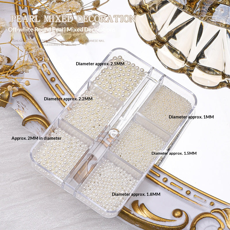 Ivory round resin pearl mix in a six-compartment box with size labels