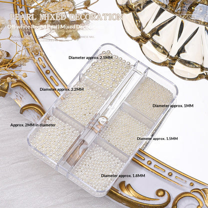 Ivory round resin pearl mix in a six-compartment box with size labels
