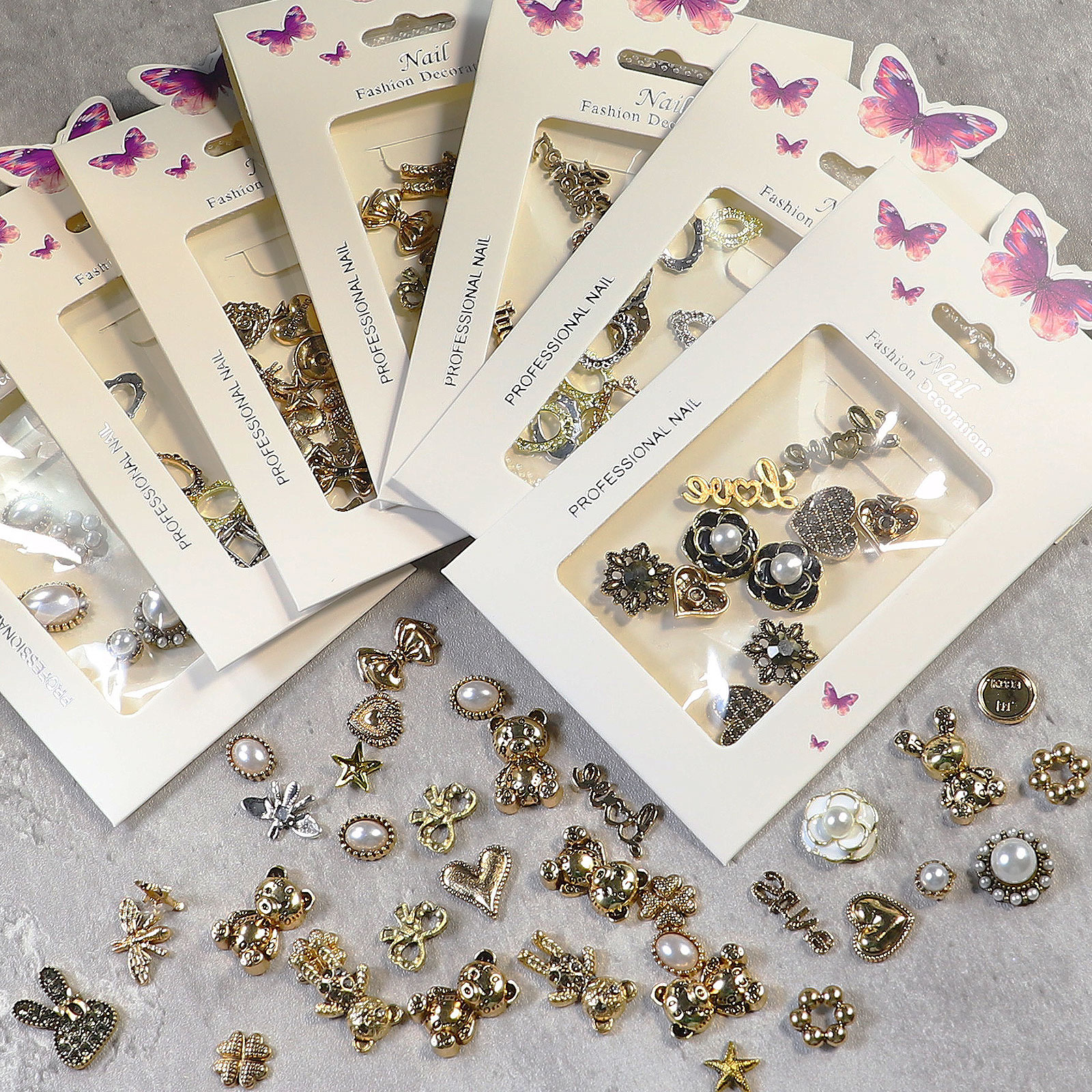 Assorted retro alloy nail art charm packs and mixed decorative motifs