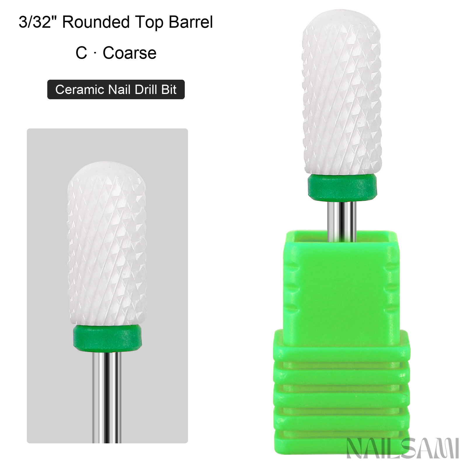 White rounded top barrel ceramic nail drill bit, coarse cut with green ring and 3/32-inch shank