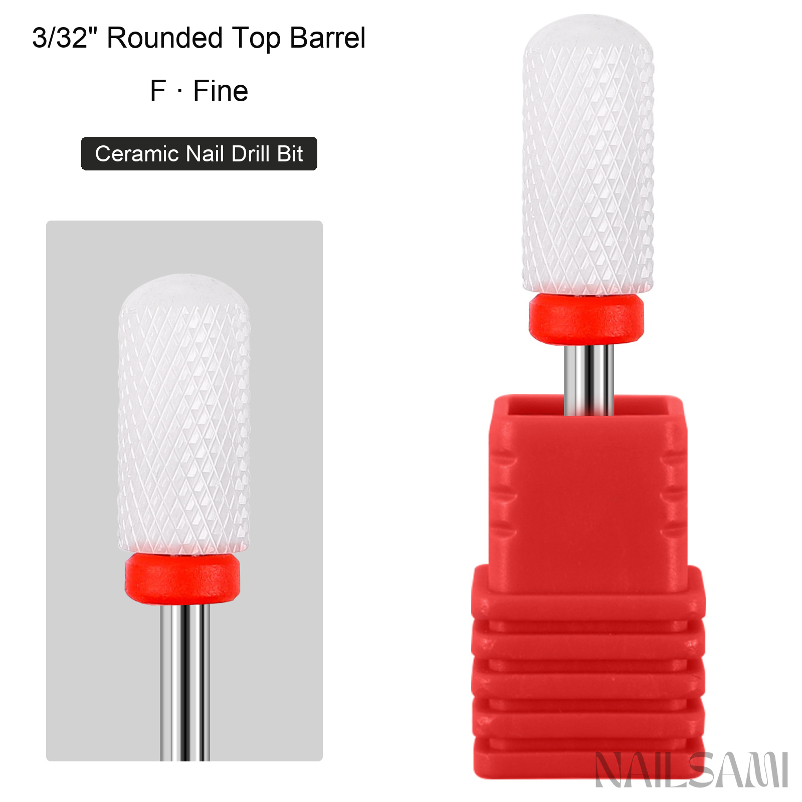White rounded top barrel ceramic nail drill bit, fine cut with red ring and 3/32-inch shank