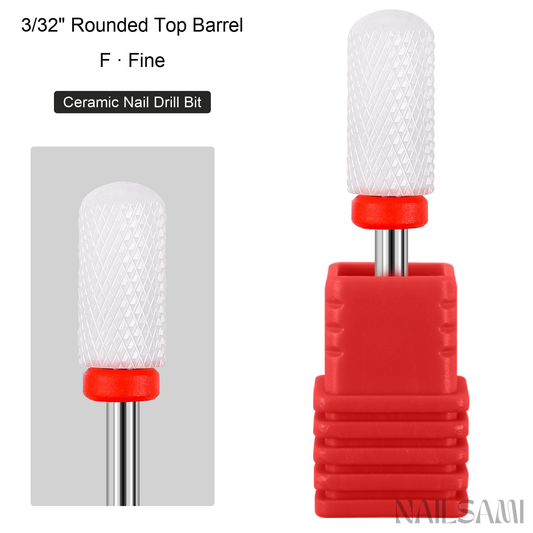 White rounded top barrel ceramic nail drill bit, fine cut with red ring and 3/32-inch shank