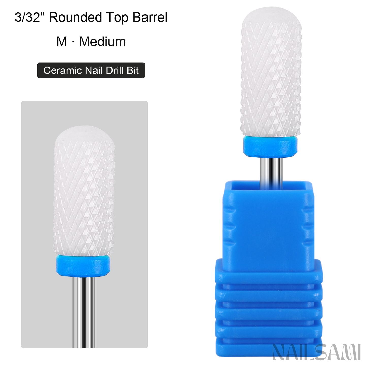 White rounded top barrel ceramic nail drill bit, medium cut with blue ring and 3/32-inch shank