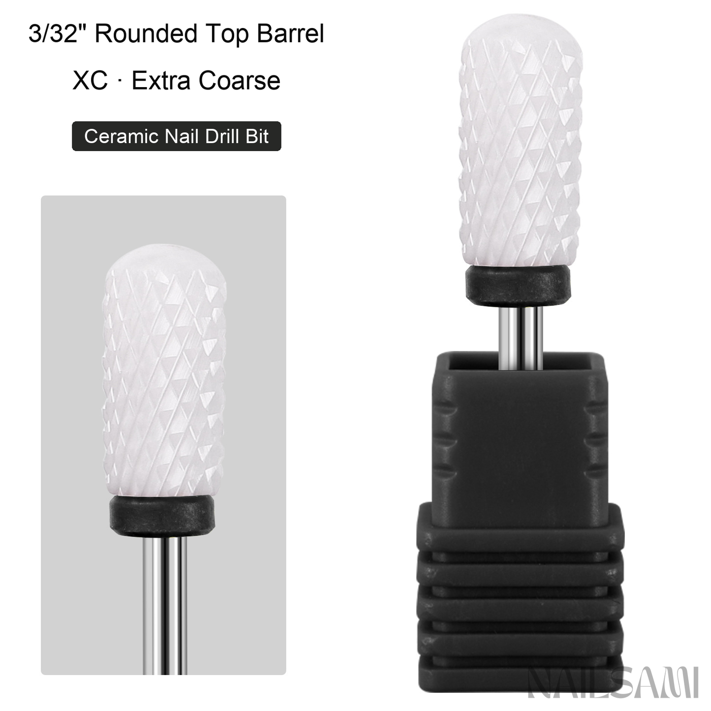 White rounded top barrel ceramic nail drill bit, extra coarse cut with black ring and 3/32-inch shank