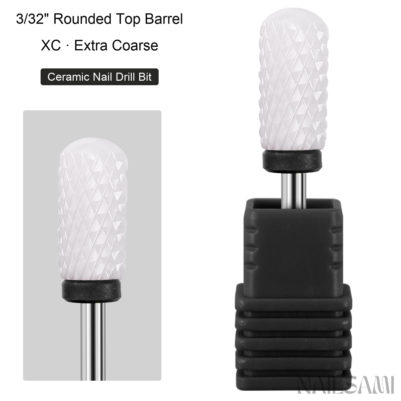 White rounded top barrel ceramic nail drill bit, extra coarse cut with black ring and 3/32-inch shank