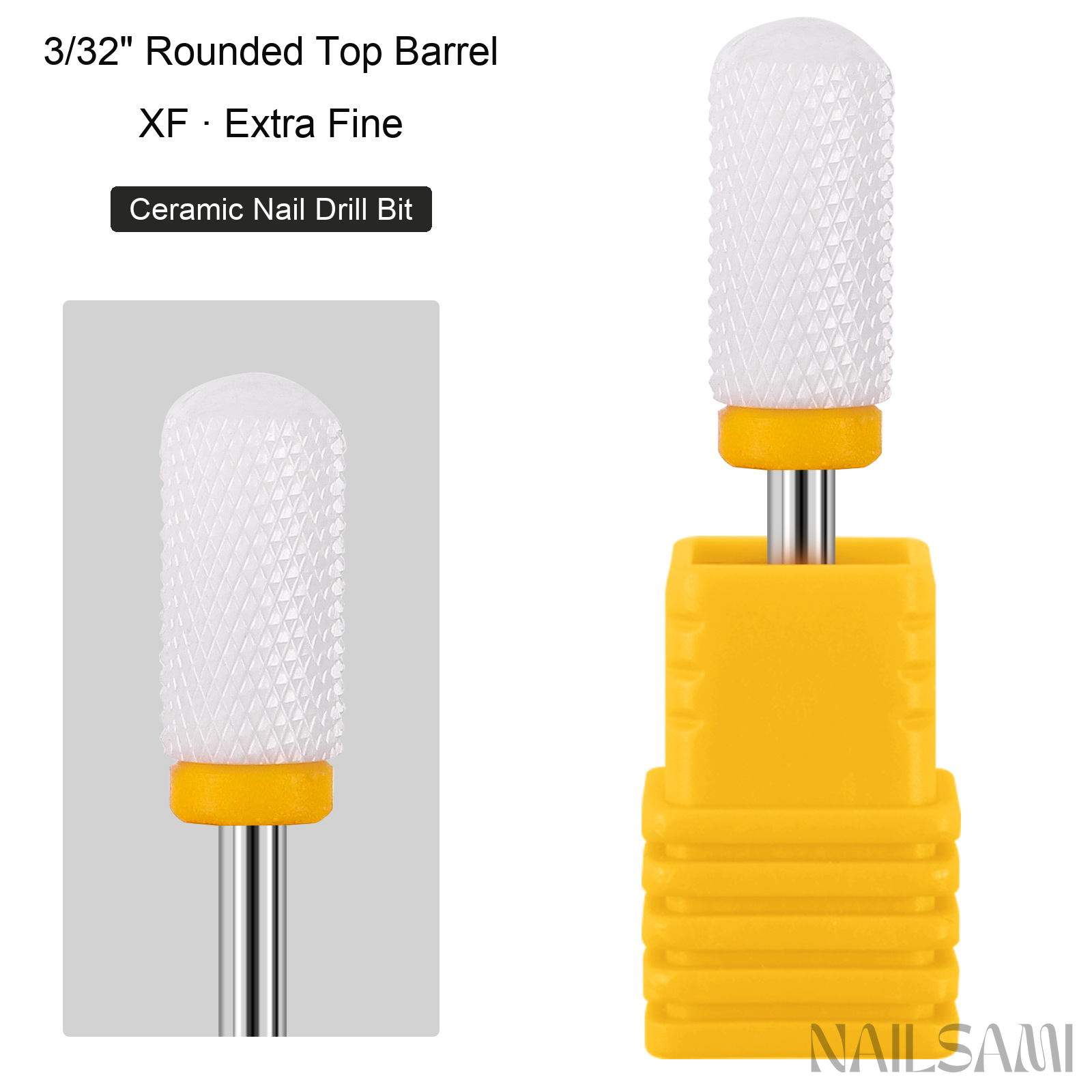 White rounded top barrel ceramic nail drill bit, extra fine cut with yellow ring and 3/32-inch shank