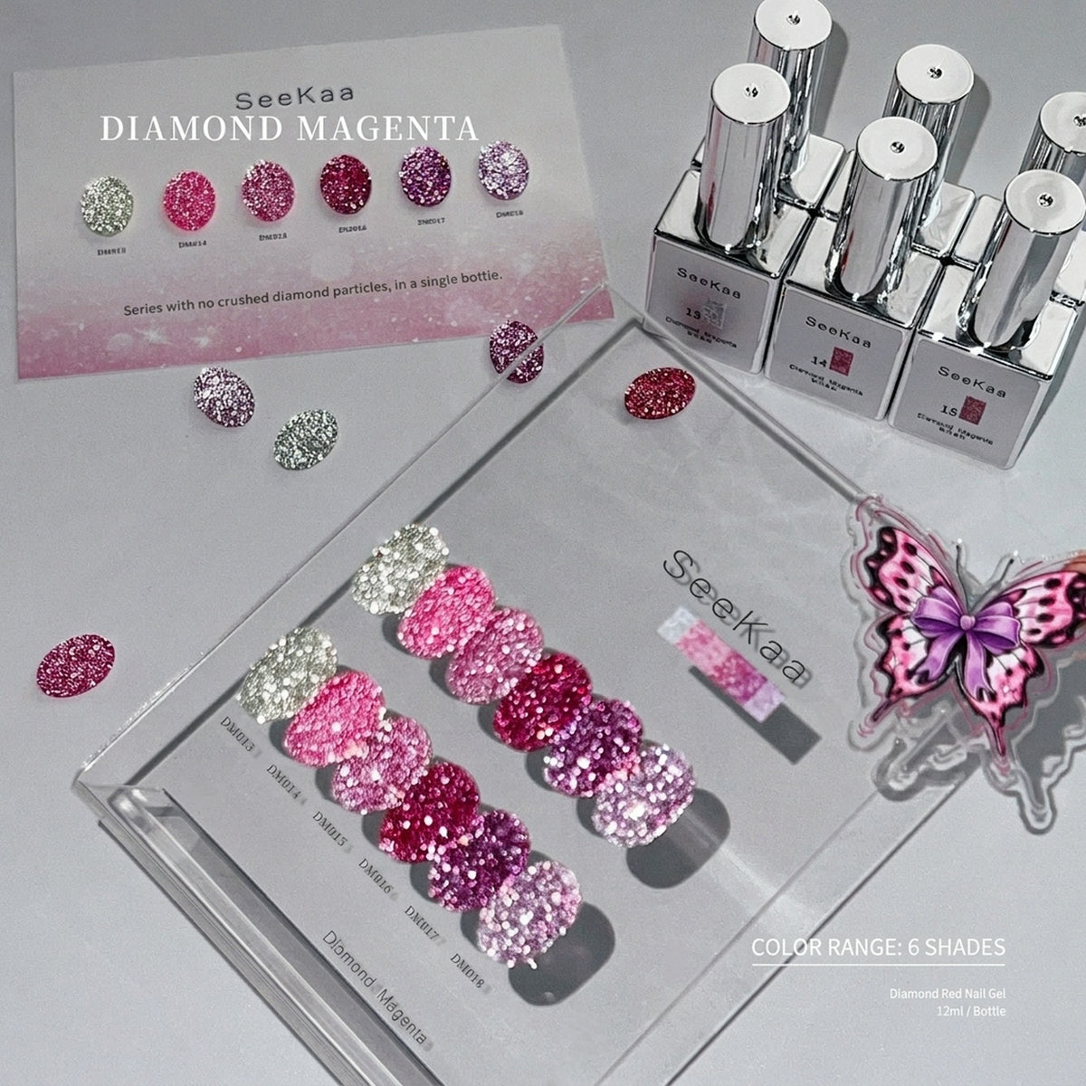 SEE KAA Diamond Magenta DM013 to DM018 gel polish bottles and crushed-glitter swatch display