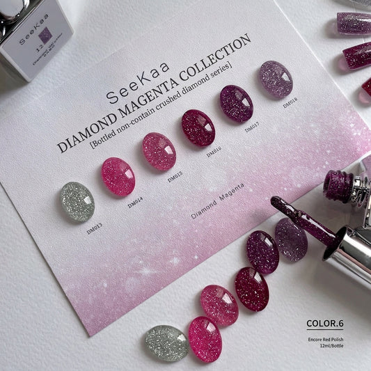 SEE KAA Diamond Magenta gel polish swatches DM013 to DM018 from silver and pink to berry and lilac