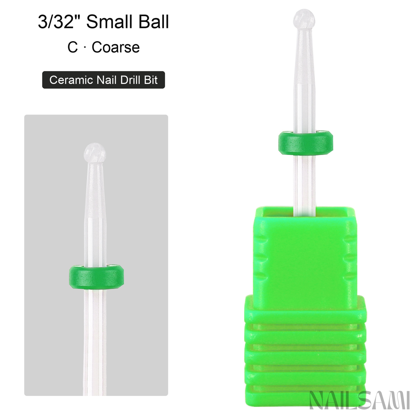White small ball ceramic nail drill bit, coarse cut with green ring and 3/32-inch shank