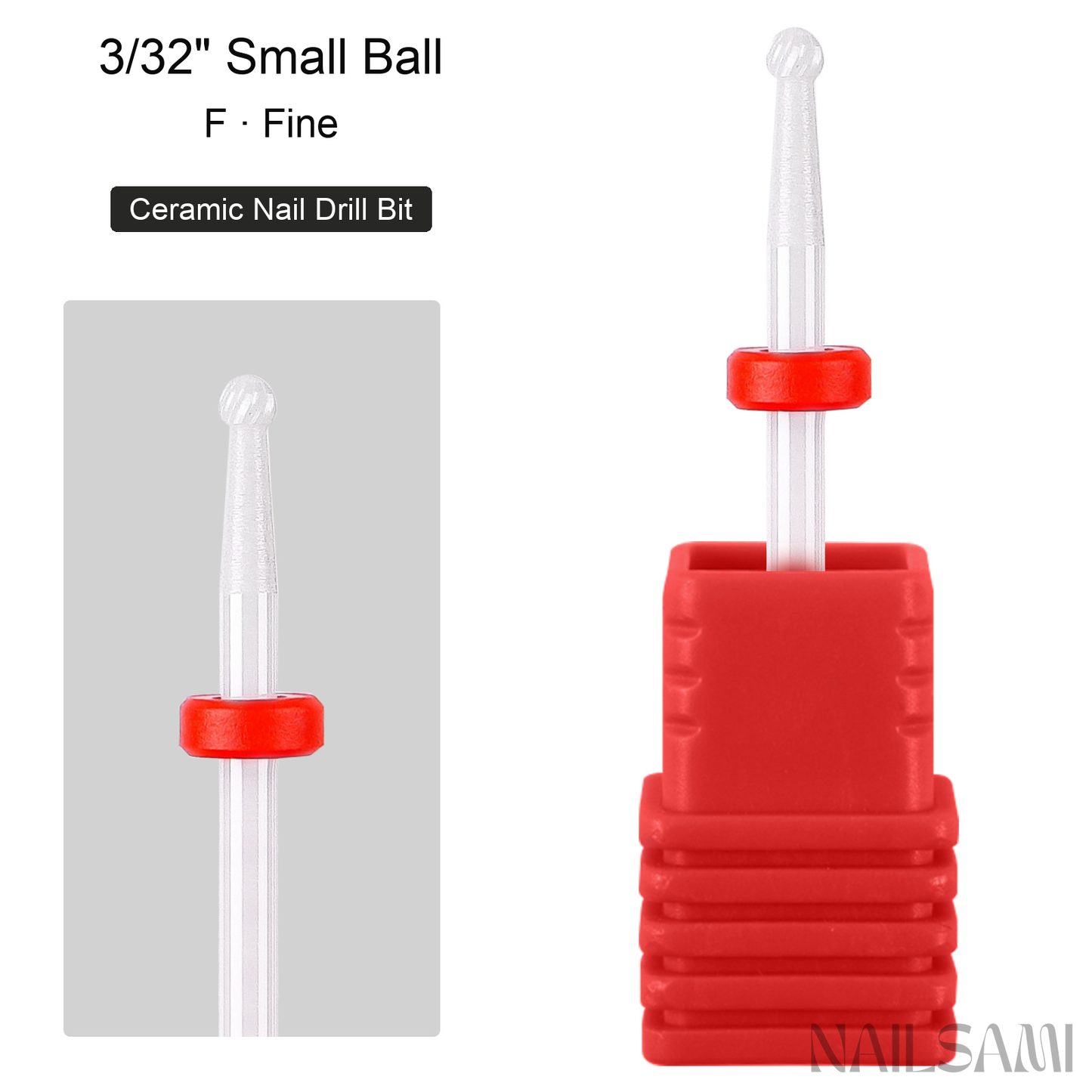 White small ball ceramic nail drill bit, fine cut with red ring and 3/32-inch shank