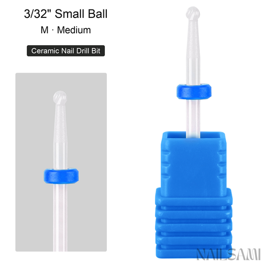 White small ball ceramic nail drill bit, medium cut with blue ring and 3/32-inch shank