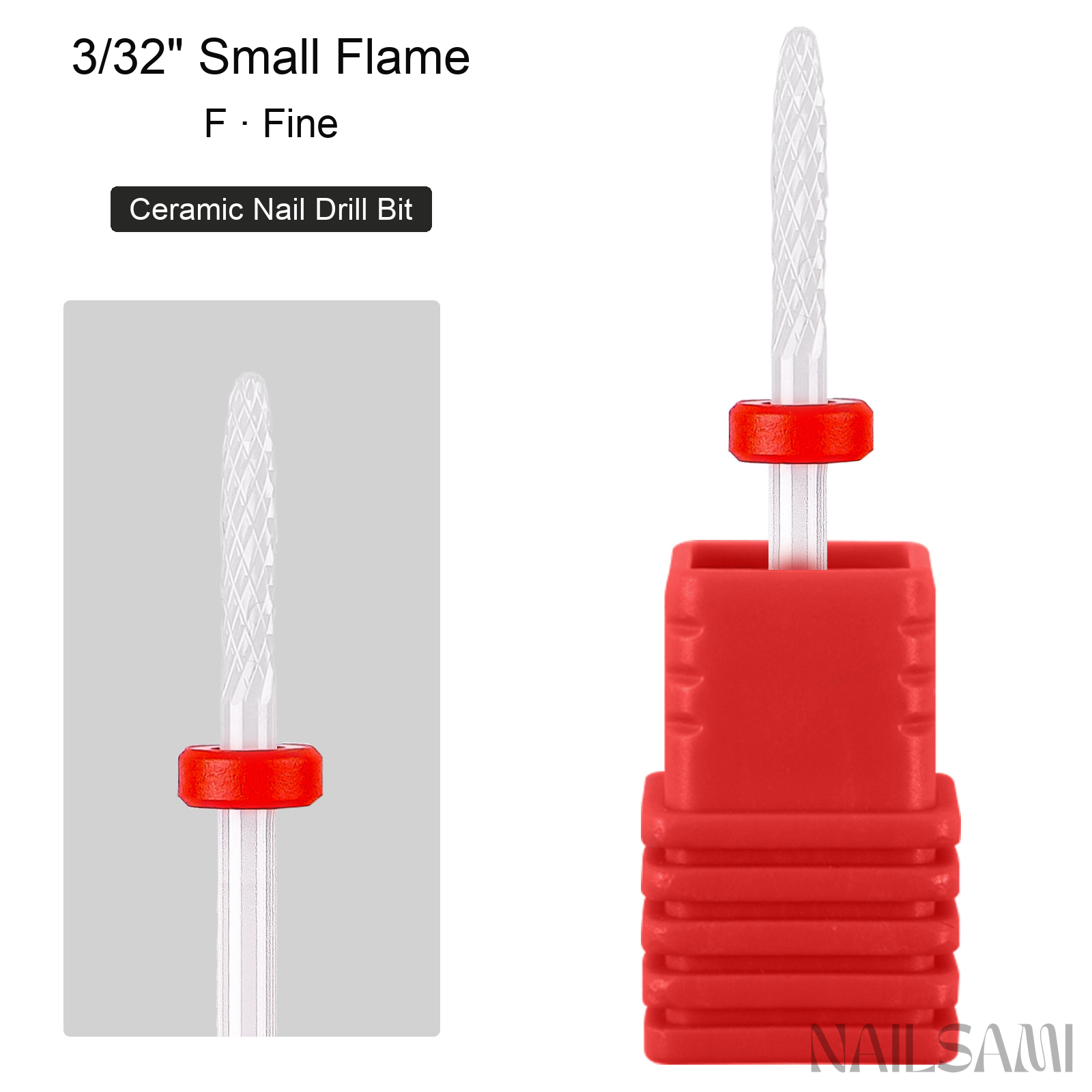 White small flame ceramic nail drill bit, fine cut with red ring and 3/32-inch shank