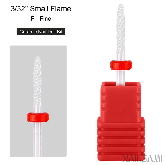 White small flame ceramic nail drill bit, fine cut with red ring and 3/32-inch shank