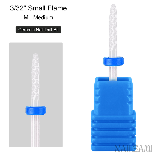 White small flame ceramic nail drill bit, medium cut with blue ring and 3/32-inch shank