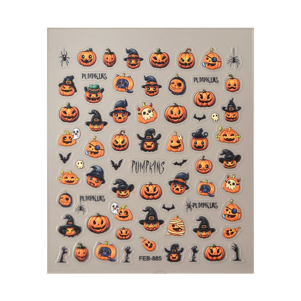 Full SUSAN NOTES FEB-885 embossed Halloween nail sticker sheet with orange pumpkin motifs
