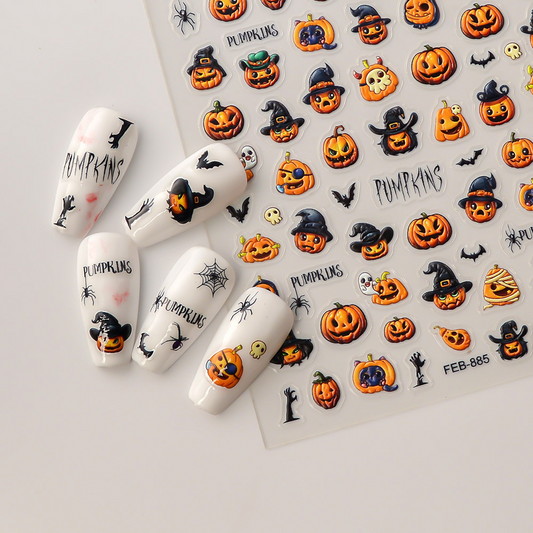 Close-up of FEB-885 orange pumpkin Halloween stickers and white manicure examples