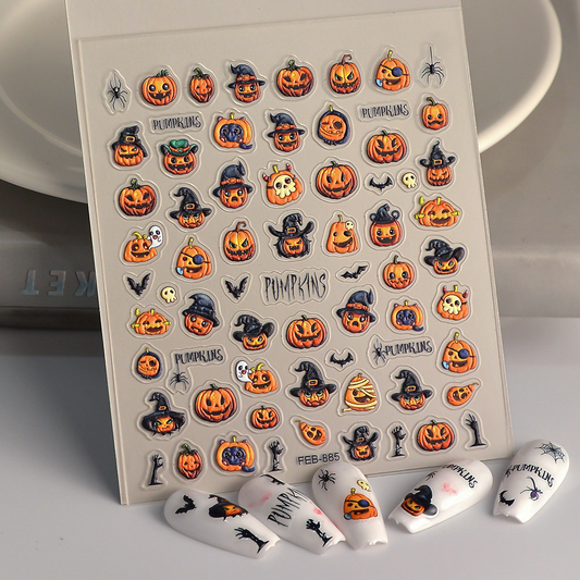 SUSAN NOTES FEB-885 embossed pumpkin Halloween nail sticker sheet with manicure examples