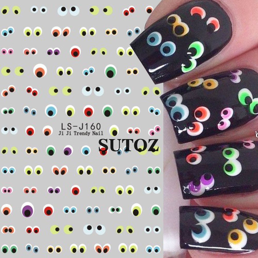 SUTOZ LS-J160 Halloween nail stickers with colorful cartoon monster eyes and black nail examples