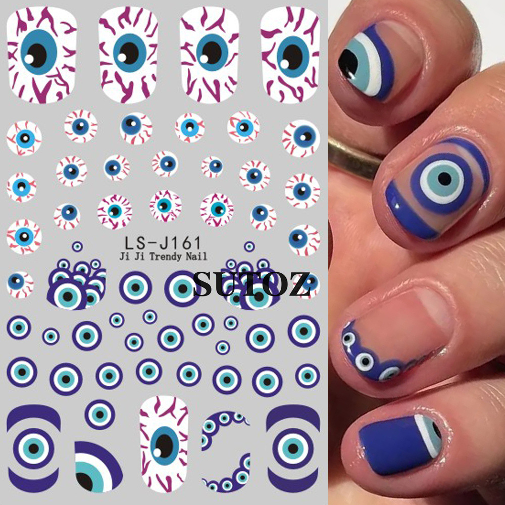 SUTOZ LS-J161 Halloween nail stickers with blue purple evil-eye motifs and nail examples