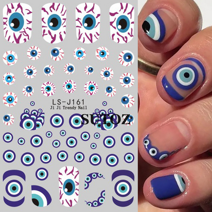 SUTOZ LS-J161 Halloween nail stickers with blue purple evil-eye motifs and nail examples