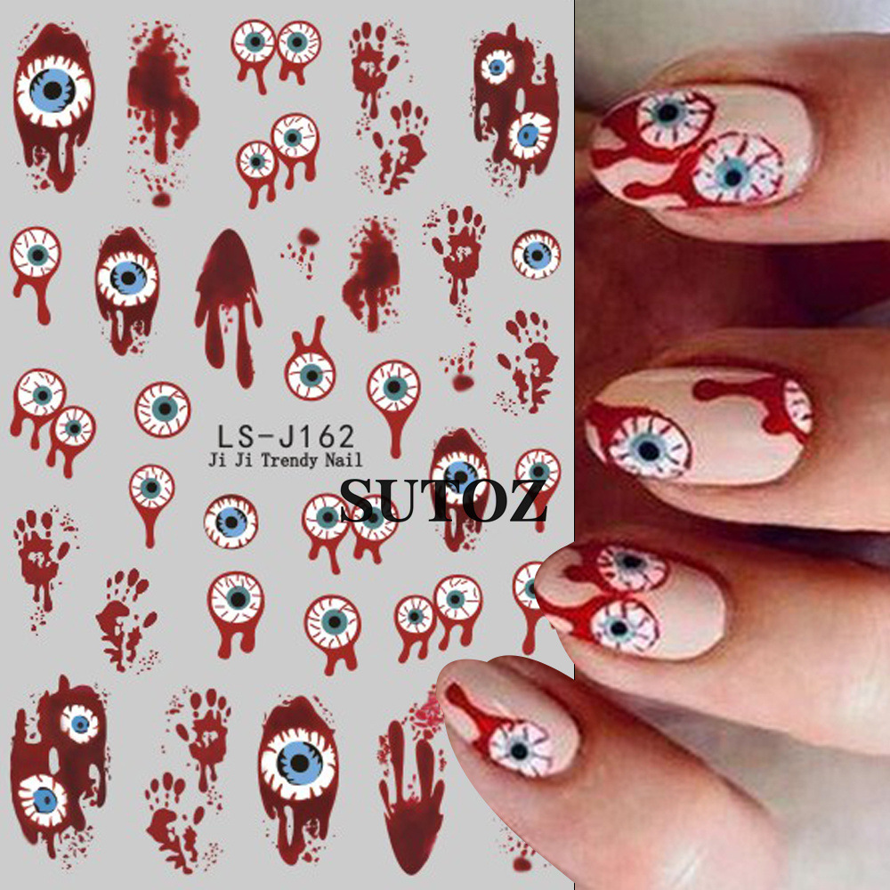 SUTOZ LS-J162 Halloween nail stickers with blood-red eyeballs drips handprints and nail examples