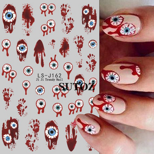 SUTOZ LS-J162 Halloween nail stickers with blood-red eyeballs drips handprints and nail examples