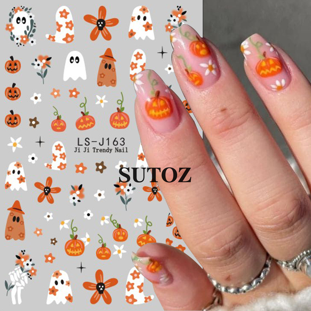 SUTOZ LS-J163 Halloween nail stickers with orange pumpkins ghosts flowers skeleton details and nail examples