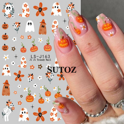 SUTOZ LS-J163 Halloween nail stickers with orange pumpkins ghosts flowers skeleton details and nail examples